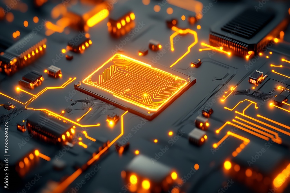 Poster Advanced Electronic Circuit Board with Glowing Lights and Intricate Details : Generative AI