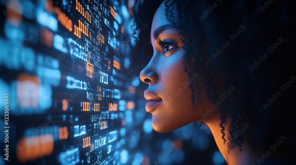 Poster Woman Analyzing Digital Code with a Thoughtful Expression and Cyberspace Background : Generative AI