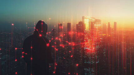Hacker are planning to hack and attack networks and cyber security , innovative Smart city and graphs with statistics to analyze business potential and predict future developments in company growth