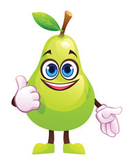 Cute pear character giving a thumbs up with smile, showing approval. Vector cartoon illustration