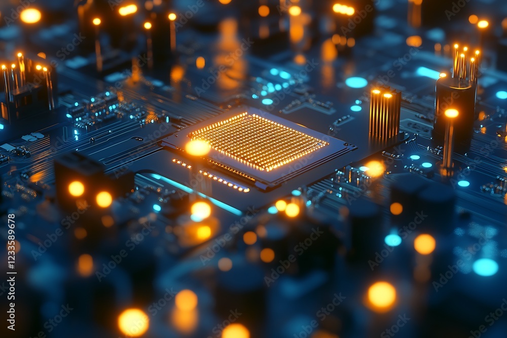 Aufkleber Futuristic Circuit Board with Illuminated Microchip for High Tech Electronics : Generative AI