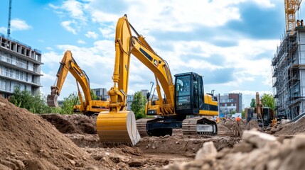 Heavy machinery excavation worksite with construction equipment and operators on a sunny day