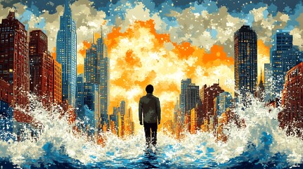 Man Stands Alone Facing Cityscape In Water