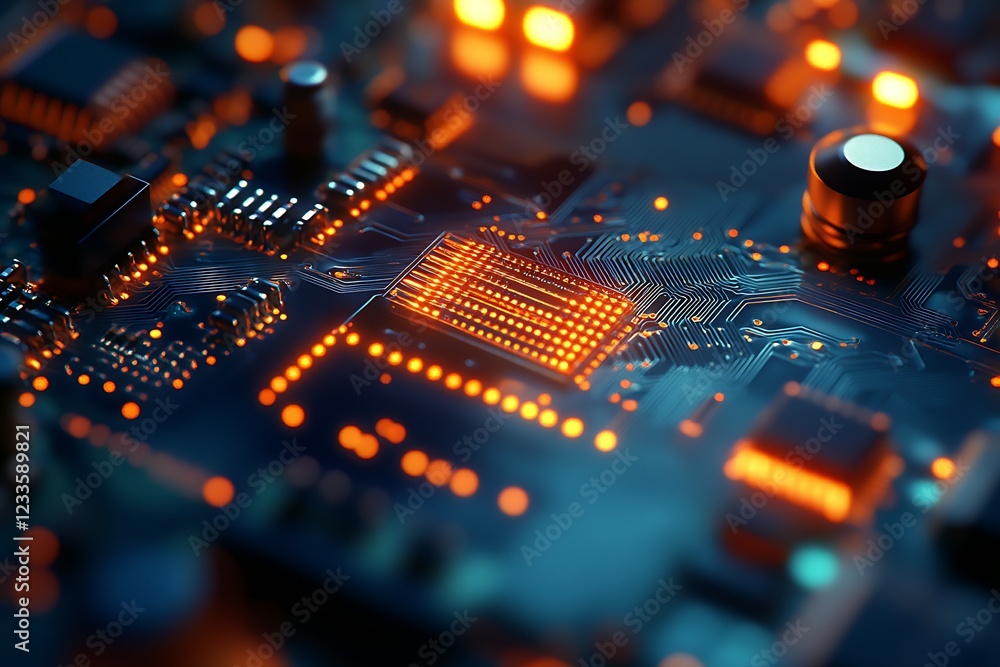 Fototapete high tech circuit board with illuminated pathways and integrated microchips in blue and orange palet