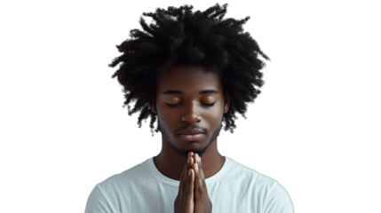 a portrait of a young black woman in a white shirt with her eyes closed and hands held together in prayer PNG image, PNG file, Generative art.