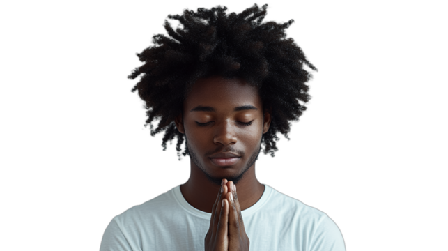 a portrait of a young black woman in a white shirt with her eyes closed and hands held together in prayer PNG image, PNG file, Generative art. - Powered by Adobe