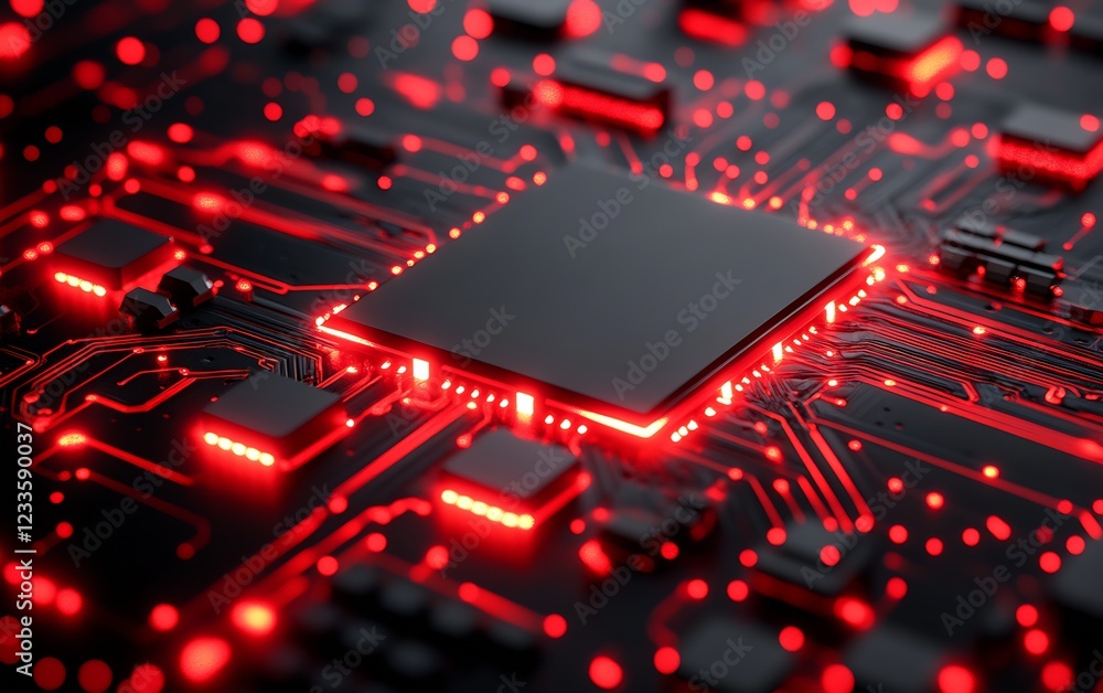 Poster High-Tech Microprocessor on Red-Lit Circuit Board Technology Background : Generative AI