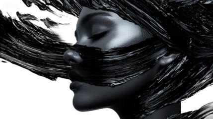 black and white art of a woman with her hair covering her face PNG image, PNG file, Generative art.