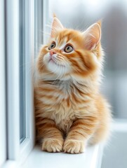 Fluffy Orange Kitten Gazing Out a Window on a Bright Day, Perfect for Pet-Themed Content