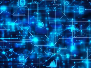 Futuristic digital interface network technology with glowing blue holographic icons : Generative AI
