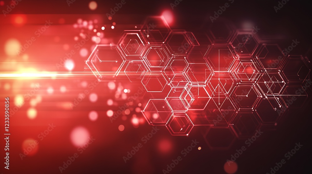 Aufkleber Futuristic Digital Abstract Red Hexagonal Grid with Lens Flare Effects Background : Generative AI