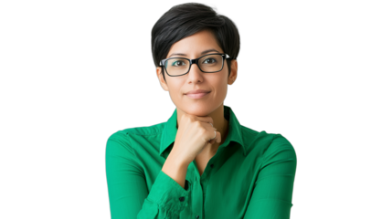 a beautiful young woman wearing glasses and a green shirt looking at the camera PNG image, PNG file, Generative art.