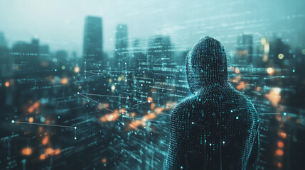 Hacker are planning to hack and attack networks and cyber security , innovative Smart city and graphs with statistics to analyze business potential and predict future developments in company growth