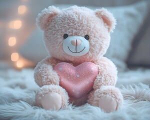 Adorable teddy bear holding a heart gift box for Valentine's Day &ndash; Generative AI