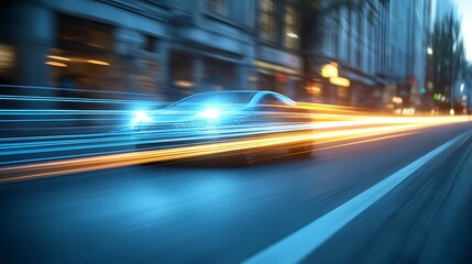 Futuristic Car Speeding Through City Streets At Night