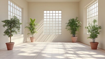Fototapeta premium Sunlit Room with Plants and Large Windows