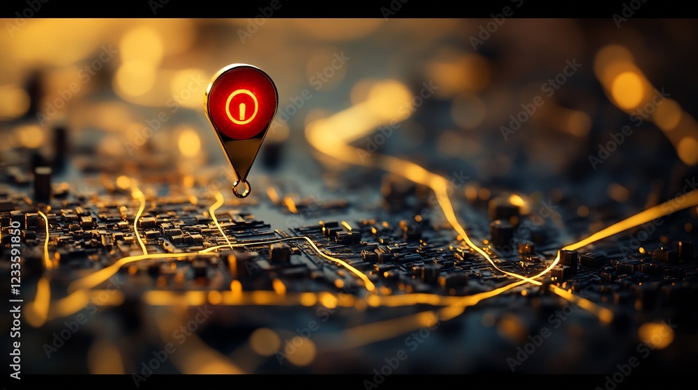 Poster Futuristic Digital Map with Illuminated City and Geolocation Pin : Generative AI