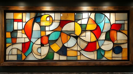 Abstract Colorful Glass Panel Artwork in Wooden Frame