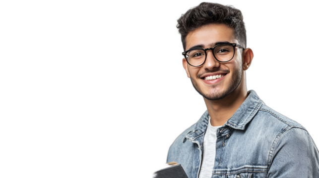 portrait of a young man wearing glasses holding a book in his hands PNG image, PNG file, Generative art.