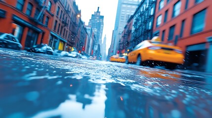 City Street Scene Showing Rain And Blurred Taxis