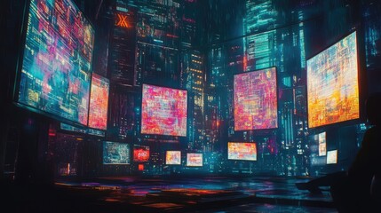A neon-lit digital art studio with multiple screens showcasing AI-assisted poster layouts.