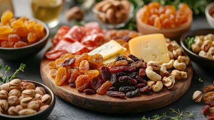 Fototapeta premium Dried Fruits Healthy Sugar, Overhead Shot of Elegant Charcuterie Board with Assorted Dried Fruits, Cheese, and Nuts
