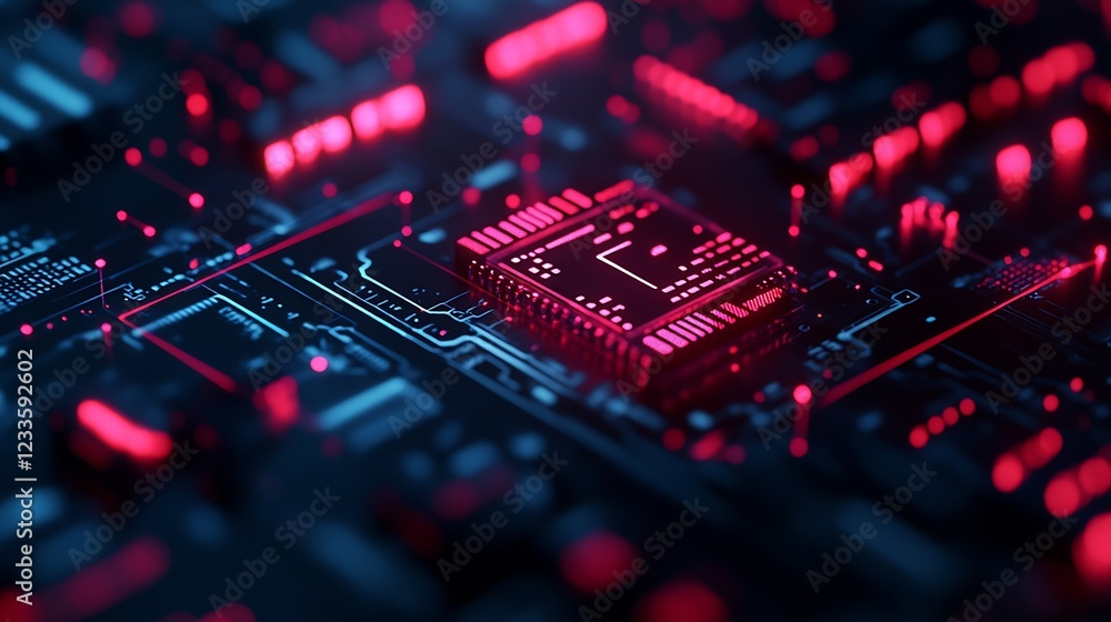 Fototapete Futuristic Microchip on Circuit Board with Red Light Elements and Advanced Electronic Design : Generative AI