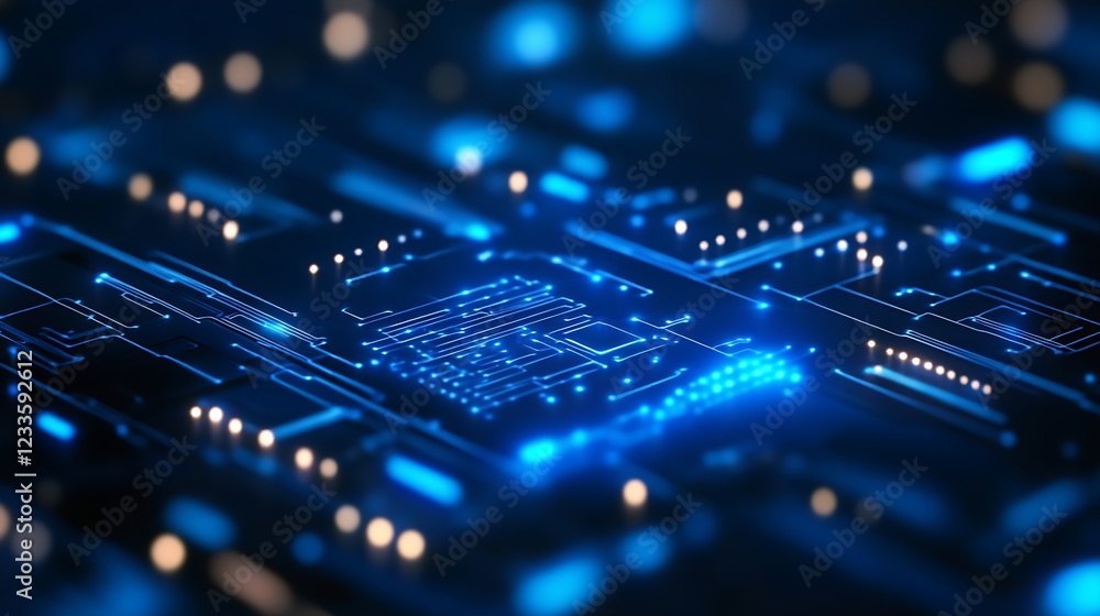 Aufkleber Abstract Blue Circuit Board with Glowing Lights and Digital Patterns : Generative AI