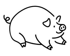 丸々と太っただらしない体型の豚のキャラクターの手描き線画イラスト　透過背景の切り抜き
