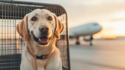 Pet-friendly travel offers joyful journeys and outdoor adventures. Happy dog in a crate at an airport during sunset.