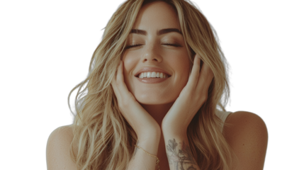 portrait of a beautiful young woman with blonde hair smiling with her eyes closed and hands on her face PNG image, PNG file, Generative art.
