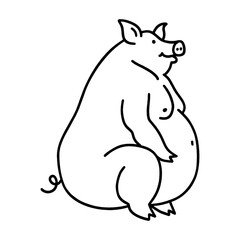 丸々と太っただらしない体型の豚のキャラクターの手描き線画イラスト　透過背景の切り抜き
