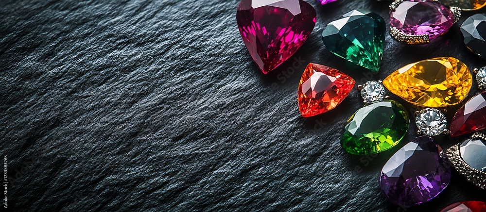 Poster cluster of brightly colored gemstones on dark slate texture : generative ai