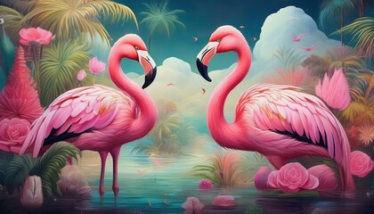 Whimsical Pink Flamingo Haven A Surreal and Dreamy Landscape Filled with Graceful Flamingos Amidst Tranquil Sunset Sky, Inspiring a Sense of Peace and Serenity.