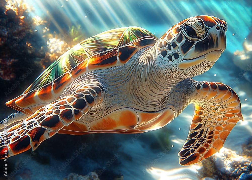 Poster Vivid Sea Turtle Gliding Effortlessly Through Pristine Ocean Environment : Generative AI