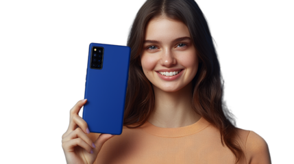 a young woman holding a blue phone in her hands smiling for the camera PNG image, PNG file, Generative art.