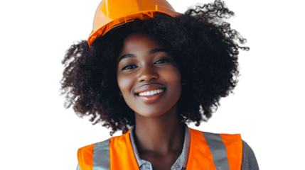 a portrait of a young black woman wearing an orange helmet and yellow vest PNG image, PNG file, Generative art.