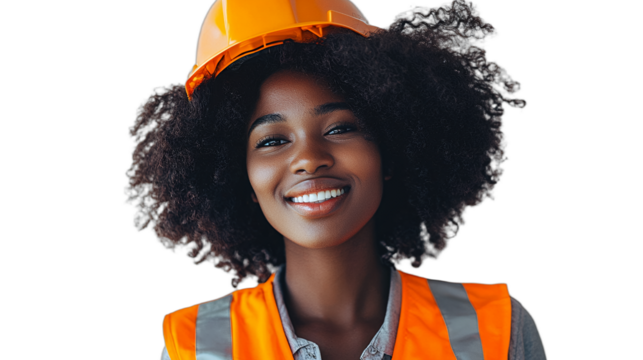 a portrait of a young black woman wearing an orange helmet and yellow vest PNG image, PNG file, Generative art.