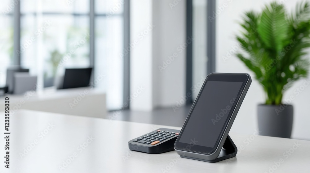Poster modern office setup with smartphone and calculator on minimalistic table with natural light and gree