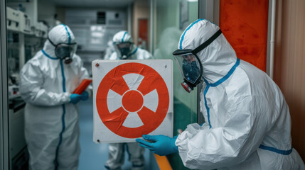 Warning sign, A biohazard warning sign displayed on a glass door, showcasing high fidelity details and vibrant colors in a modern design.