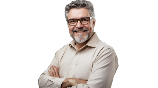 a portrait of an older man with glasses and a beard wearing a white shirt against a transparent background, PNG image, PNG file, Generative art.
