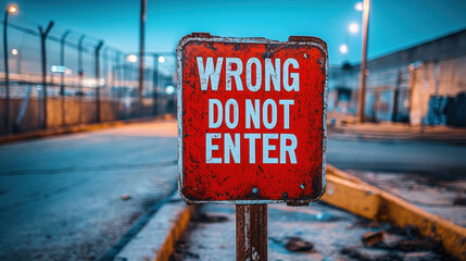 Warning sign, Close-up image of a bright red "Wrong Way" sign, highlighting a vivid warning against entering. High fidelity, detailed visual suitable for various applications.