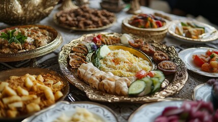 Traditional homemade ramadan food spread with delicious dishes and desserts