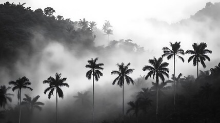 Serene black-and-white landscape featuring palm trees amidst misty mountains.