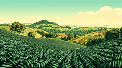 Fototapeta premium Serene Green Hills: A picturesque landscape of rolling hills, lush greenery, and cultivated fields under a tranquil sky.