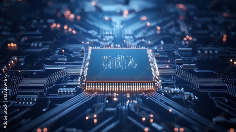 Aufkleber futuristic microchip surrounded by complex circuit board with glowing connections in digital technol