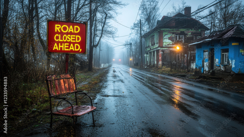 Poster warning sign, a dark, empty highway featuring a warning sign, captured in high fidelity for visual p