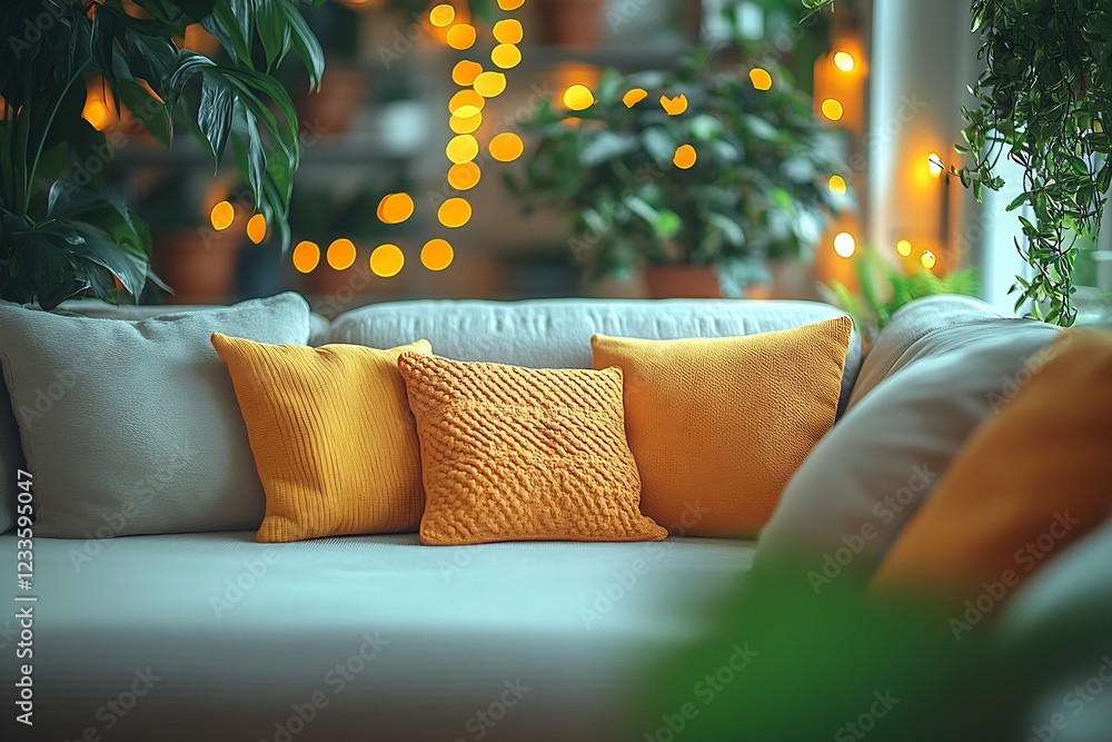 Poster stylish living area with orange cushions on a comfortable sofa decorated with soft ambient lighting 