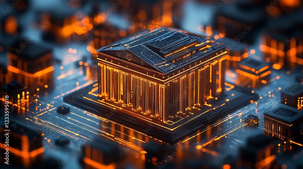 Poster advanced technological microchip structure in a digital futuristic city setting : generative ai