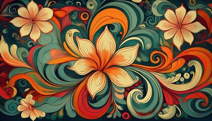 Vintage Floral Swirl Wallpaper Design with Retro Elegance and Rich Colors, Ideal for Interior Decor or Artistic Collages.